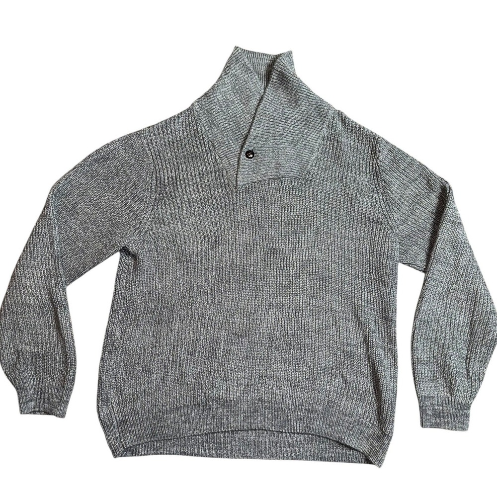 LL Bean Mens Gray Cotton Ribbed Shawl Collar Button Sweater Large 298246